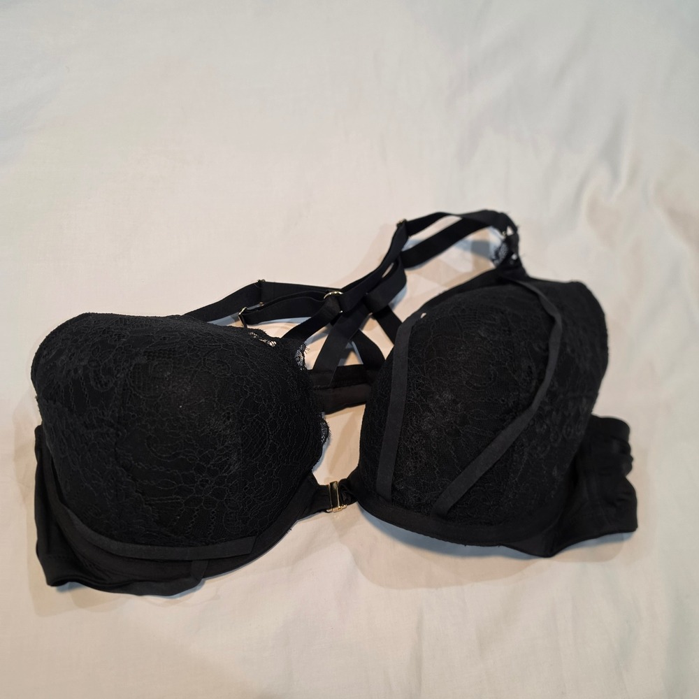 Cacique Boost Plunge Bra Womens 46D Black Excellent Lace Strappy Front Close